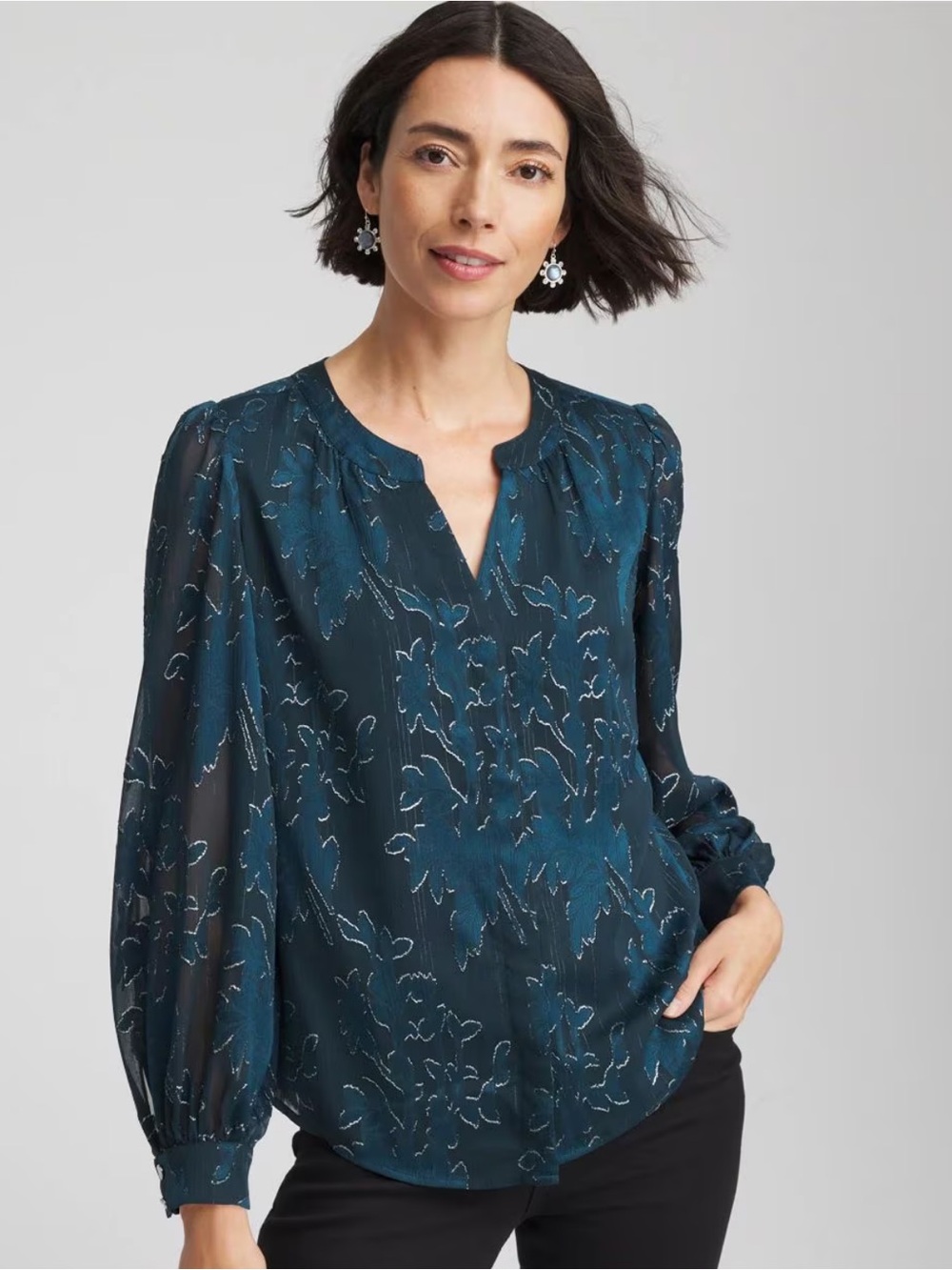 Chico’s Novelty Texture Blouse Dark Green Jacquard Billow Sleeve Floral